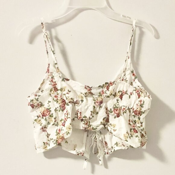 Floral Crop Top Lace-Trim Tie-Front Cami White Boho Summer Tank - Picture 2 of 6